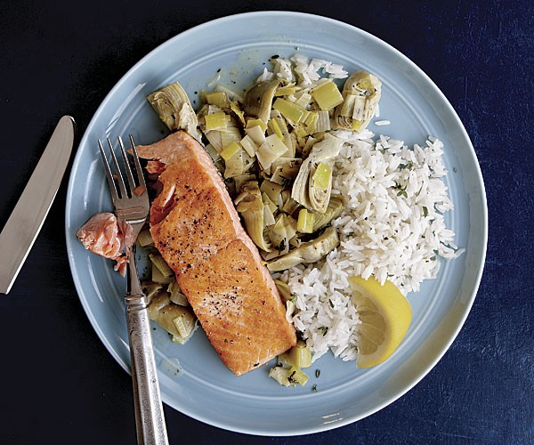 Sear-roasted wild salmon with leek and artichoke ragù