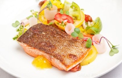 Seared Alaska salmon with heritage tomatoes