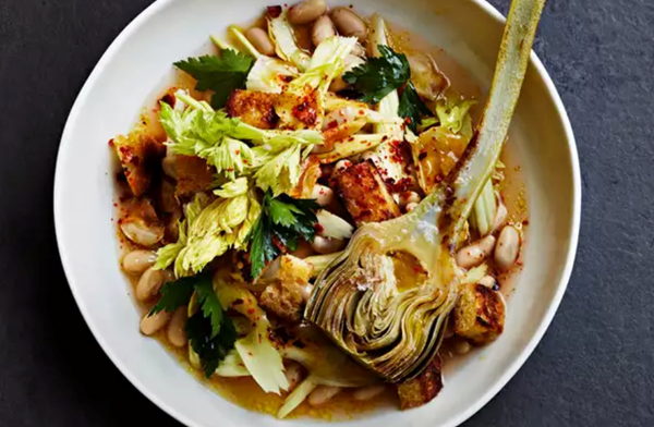 Seared artichokes with warm white-bean salad