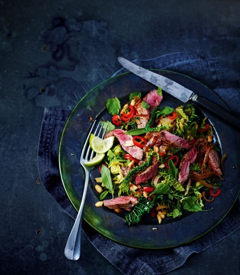 Seared Asian-style beef and stir-fried Savoy cabbage