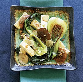 Seared baby bok choy with tofu and shiitake