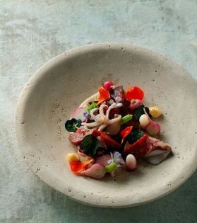 Seared baby squid with radishes, nasturtiums & aïoli