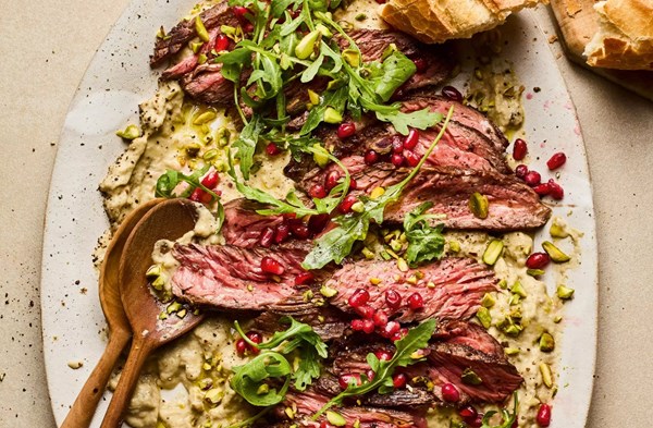 Seared bavette steak with baba ganoush & pomegranate