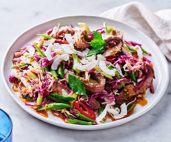 Seared beef with palm sugar and coconut slaw