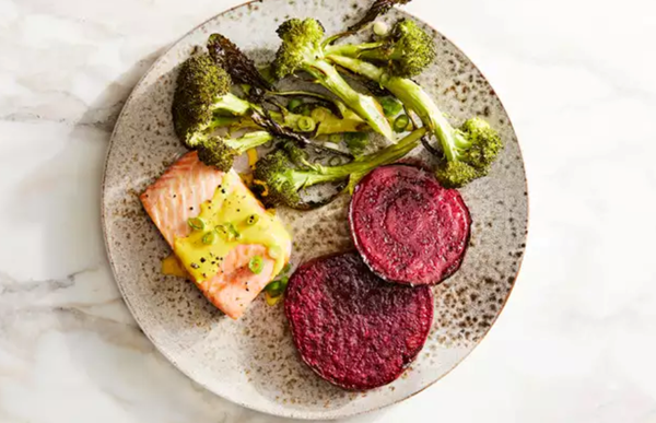 Seared beets with turmeric-tahini broccoli and salmon