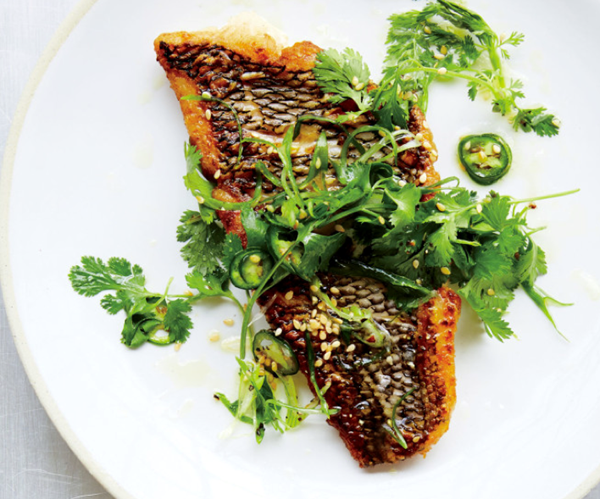 Seared black bass with scallion-chile relish
