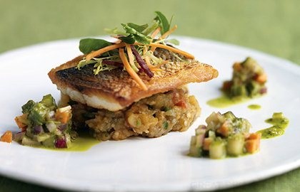 Seared black bream with roasted aubergine, tomato and potato crush and kachumber