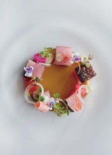 Seared bonito with jamon and lemon myrtle jelly, pickled red radish and shaved katsuobushi
