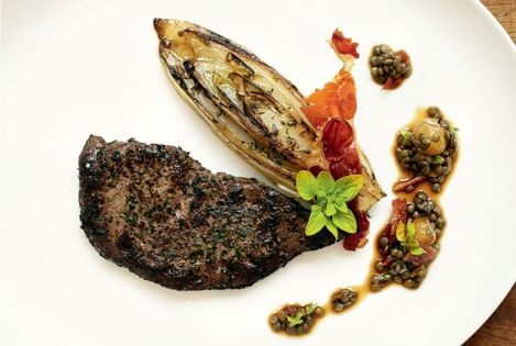 Seared calf’s liver (Seared calf's liver with braised chicory, crispy air-dried ham, green lentils and oregano)