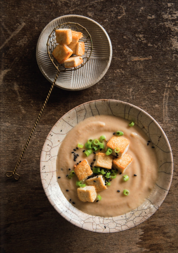 Seared cauliflower and miso soup with crispy tofu