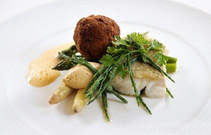 Seared cod with asparagus, crab beignets and samphire