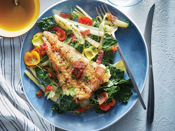 Seared cod with bacon, braised fennel, and kale