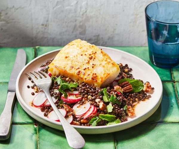 Seared cod with radish & lentil salad