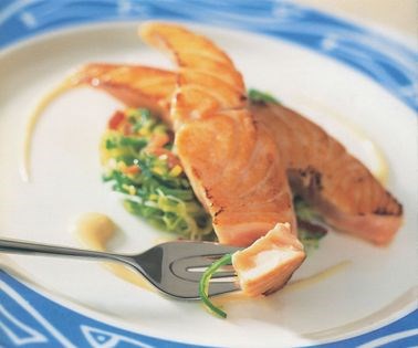 Seared, cured salmon cutlets with leeks, bacon and a cider-vinegar dressing