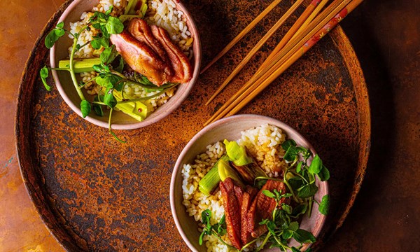 Seared duck and leek donburi