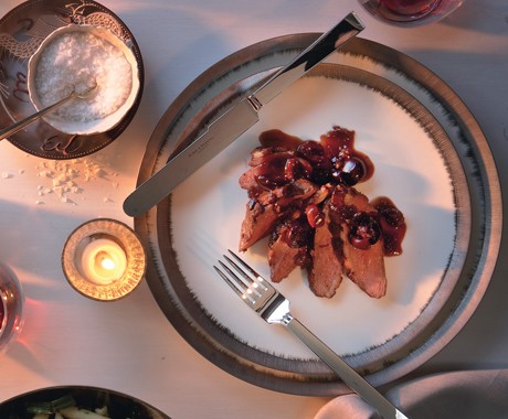 Seared duck breast with cherries and Port sauce