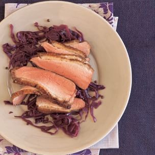 Seared duck breast with Zinfandel-braised red cabbage