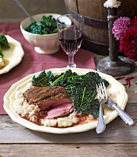 Seared duck breasts with ruby Port sauce and celeriac purée