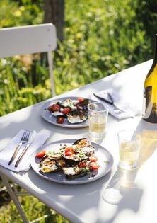 Seared eggplant + cherry tomatoes w/fried lentils + tahini dressing