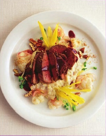 Seared elk loin with cauliflower and fingerling potato mash, and pickled cauliflower