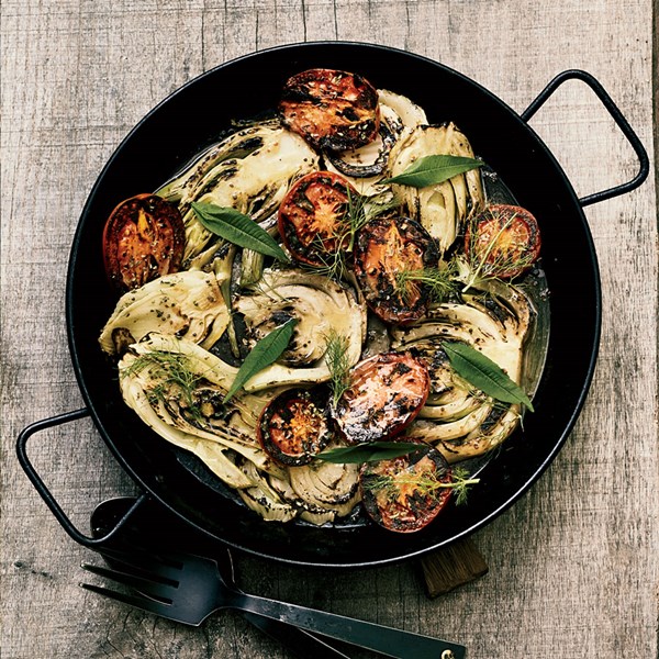 Seared fennel and tomatoes with mustard vinaigrette