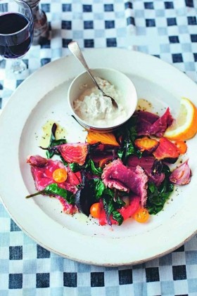 Seared fillet of beef with roasted beetroots, tomatoes and horseradish crème fraîche
