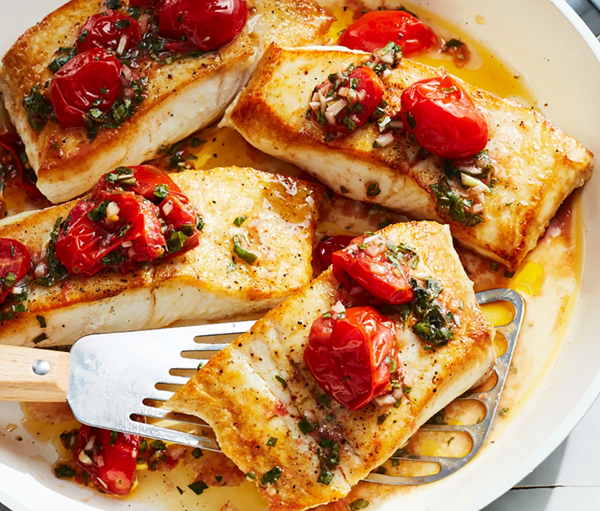 Seared fish with basil oil & cherry tomato vinaigrette
