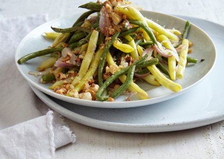 Seared French beans with shallots and hazelnut picada