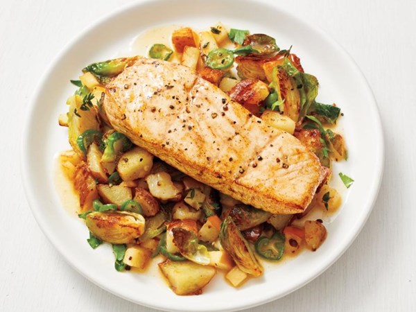 Seared halibut with Brussels sprouts hash