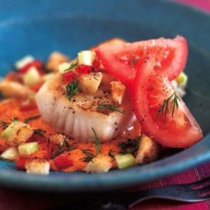 Seared halibut with gazpacho two ways