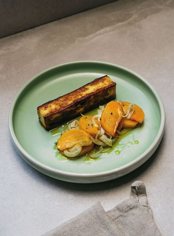 Seared haloumi with persimmon mostarda & harissa oil