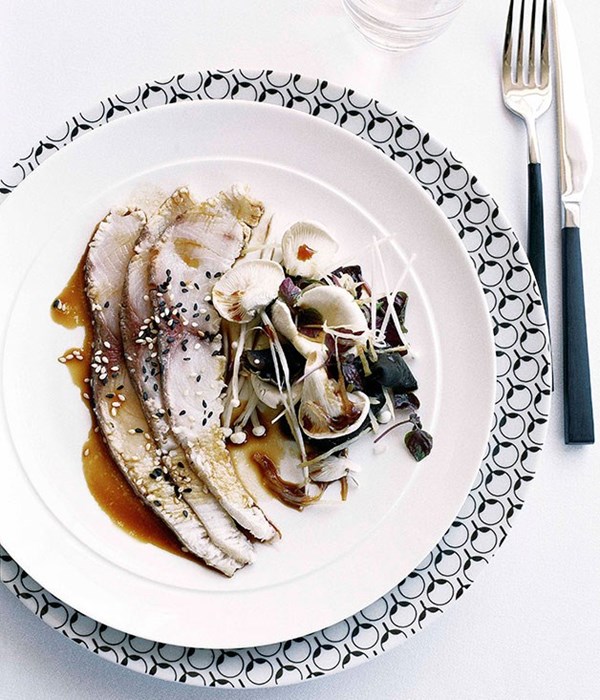 Seared kingfish with mushrooms, black fungus, pickled ginger and sesame dressing