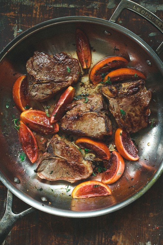 Seared lamb chops with blood orange sauce