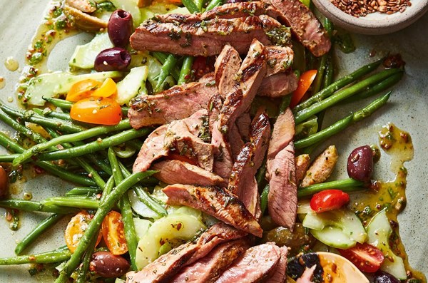 Seared lamb Niçoise with toasted pine nut dressing