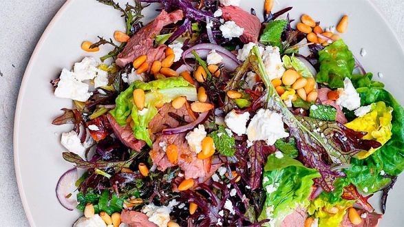Seared lamb with mint and feta