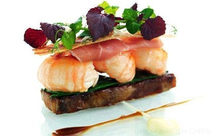 Seared langoustine tails with caramelised bacon, apple and vanilla purée, Brazil nuts and pancetta