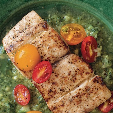Seared mahi-mahi with green gazpacho sauce