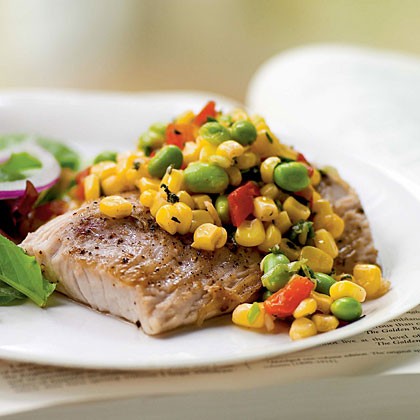 Seared mahimahi with edamame succotash