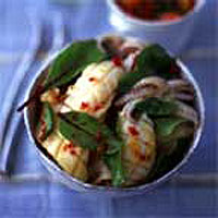 Seared, marinated squid salad and roasted pepper relish