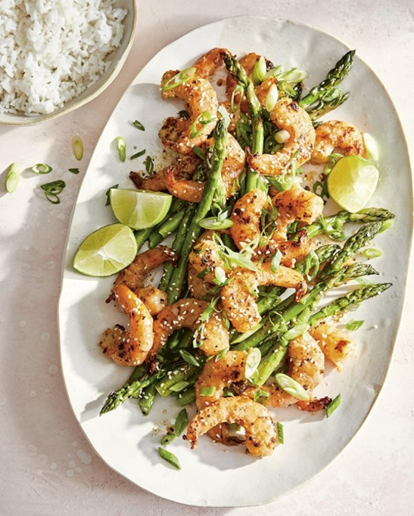 Seared miso-sesame shrimp and asparagus