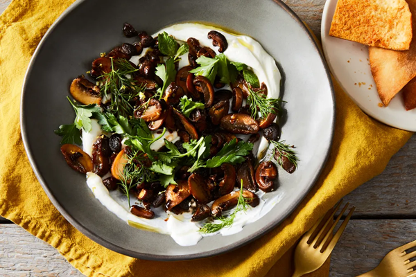Seared mushrooms with lemon-cumin labneh