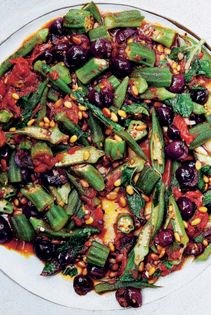 Seared okra, black olives, tomato confit, pine nuts & chile