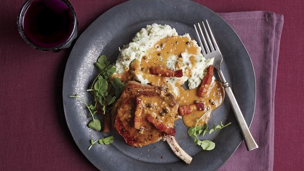 Seared pork chops with watercress mashed potatoes