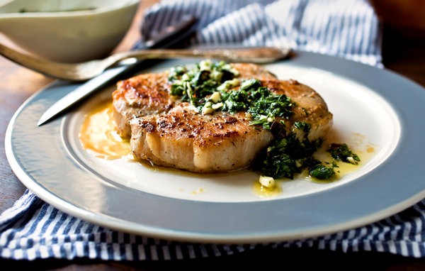 Seared pork cutlets with green garlic salsa verde