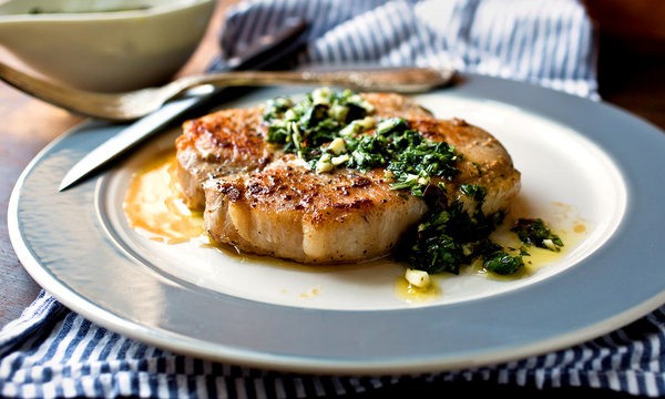 Seared pork cutlets with green garlic salsa verde