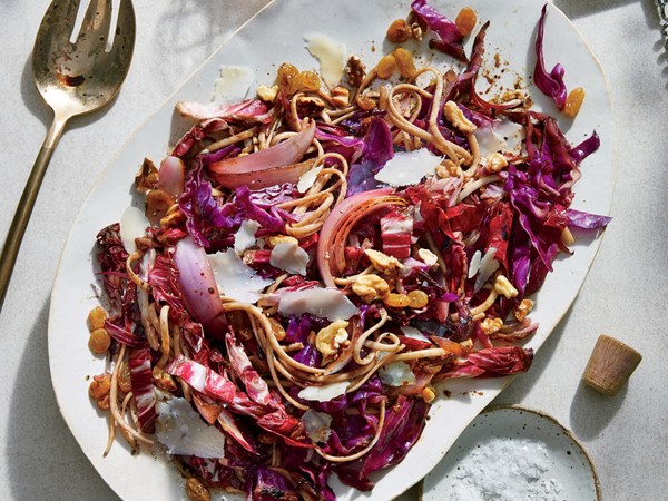 Seared radicchio and red cabbage pasta with pickled raisins