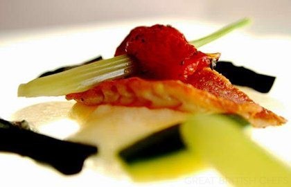 Seared red mullet with farfalle, courgette and cucumber, diced tomato, light lobster cappuccino