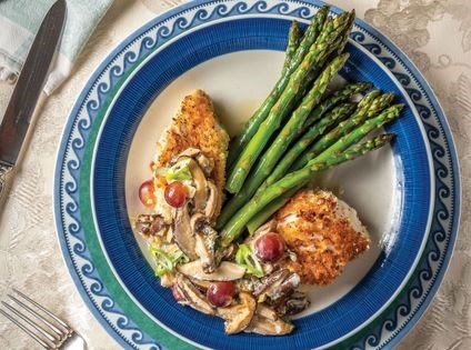 Seared, roasted cod with shiitakes, scallions, and grapes