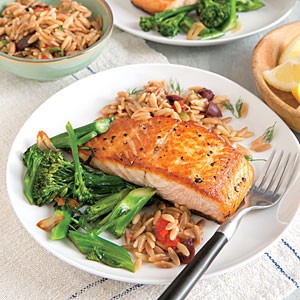 Seared salmon fillets with orzo pilaf