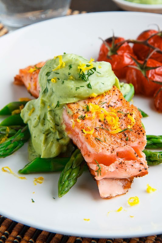 Seared salmon in dill avodaise (avocado hollandaise) sauce